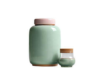 Mint-green ceramic jars, pink lids
