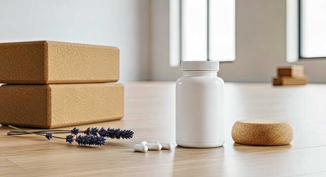 Holistic Wellness: Health Supplements and Yoga Props Arranged for a Mind-Body Focus