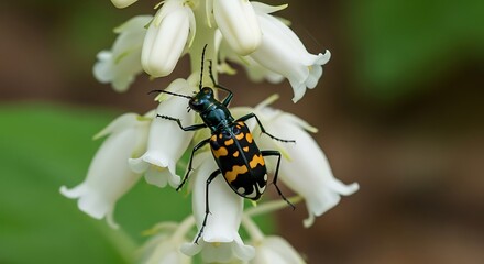 Elegant Tiger Beetle on Delicate White Flowers in Natural Light.