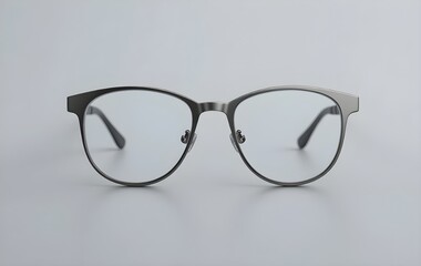 Modern stylish eyeglasses with clear lenses and sleek metal frame on a clean background