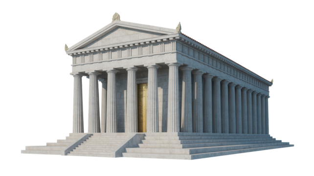 Detailed architectural rendering of a classical greek temple with a prominent pediment and colonnade isolated on transparent background