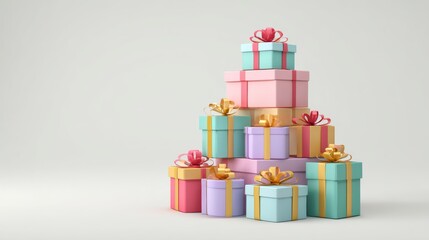 Pyramid of colorful christmas gift boxes with red, green, and gold ribbons on transparent background for holiday celebrations and festive decorations