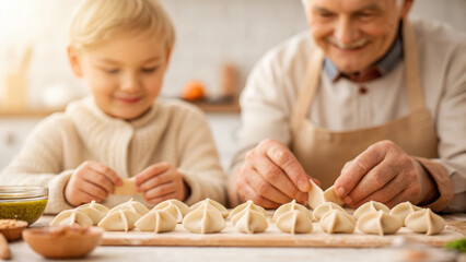 Grandparent and grandchild making dumpling together family time weekend tradition filled with warm laughter
