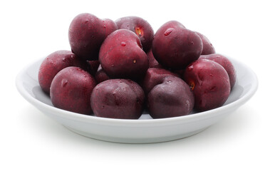 Fresh red cherries in white plate isolated on white background