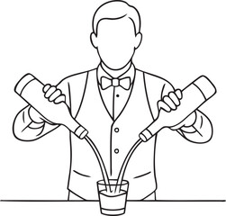 Bartender pouring cocktails — barman in vest and bow tie, line drawing