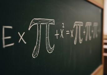 Mathematical equations written with chalk on a dark green chalkboard