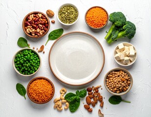 Artistic Top View Arrangement of Diverse Plant-Based Protein Sources: Tofu, Legumes, Grains, Nuts, and Broccoli Surrounding a Blank Plate