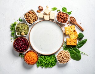Artistic Top View Arrangement of Diverse Plant-Based Protein Sources: Tofu, Legumes, Grains, Nuts, and Broccoli Surrounding a Blank Plate