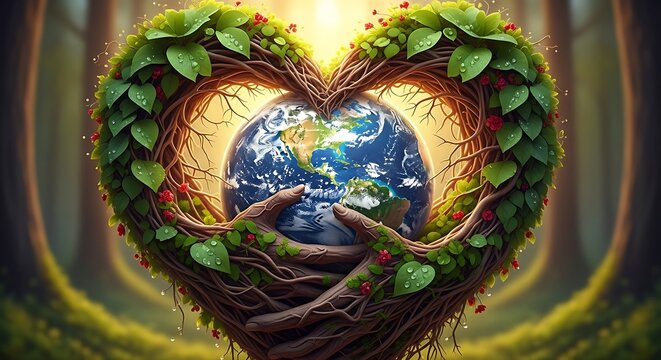Show your love for the Earth with this image of a heart-shaped tree and the Earth in caring hands, perfect for environmental campaigns - Powered by Adobe