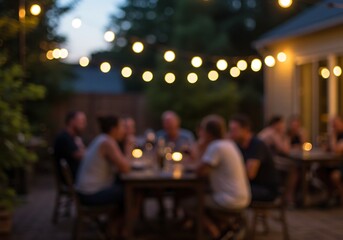 Outdoor dining scene with string lights and people enjoying.