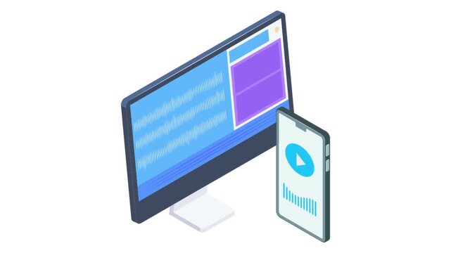 A video player shown on a desktop screen and a mobile device, illustrating cross-platform compatibility.