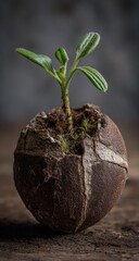 A small sprout emerges from a cracked egg shell, representing new life