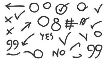 Hand drawn collection of various symbols including checkmarks crosses arrows quotation marks and the words yes and no