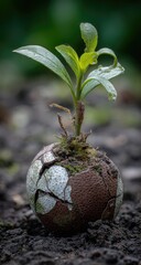 A young plant sprouting from a cracked, weathered ball, nestled in dark soil