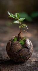 Small sprout in a cracked soccer ball
