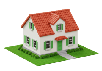 Model house with red roof and green shutters transparent background cutout png
