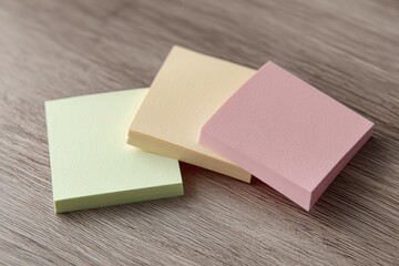 Three colorful sticky notes on a light wood surface