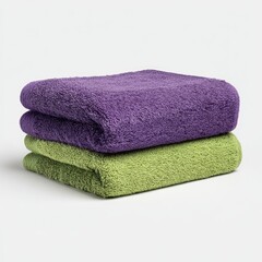 Two folded bath towels, purple and olive green, stacked