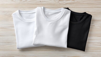 Three folded t-shirts, white and black, on light wood
