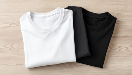 Two folded t-shirts, white and black, on a light-brown wooden surface