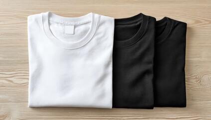 Two folded blank t-shirts, white and black, on a light wooden surface