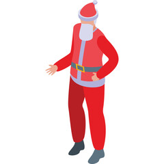 Full body isometric view of Santa Claus in red suit white beard gray shoes offering hand forward isolated on transparent background