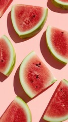 Watermelon slices arranged on a pink background, angled for a pattern, showcasing red flesh and green rind