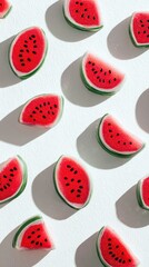 Watermelon slices arranged in a repeating pattern on a white background, casting strong shadows