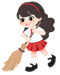 Cheerful Young Girl Cleaning Up A Cartoon Illustration of a Happy Child with Broom