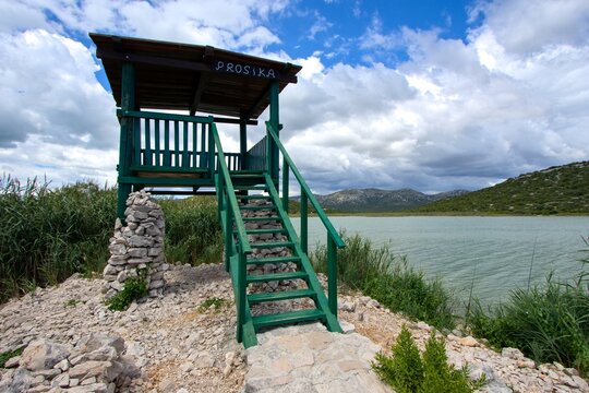 Observation tower in Prosika (Pirovac) at Vrana lake (Vransko jezero) nature park, Zadar, Croatia