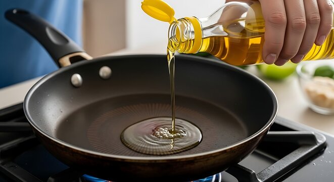 Pouring cooking oil into a frying pan on a stove.
