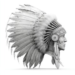 Profile view of a person wearing a large, detailed Native American headdress.  The image is grayscale, highlighting the intricate design and shape of the feathers and decorative elements