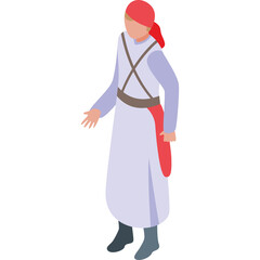 Full Body Isometric View of a Person in Traditional Light Purple Tunic and Red Headband With Red Sash Holding Left Hand Outwards in a Welcoming Gesture