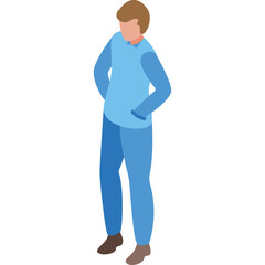 Full Body Isometric View of a Person Standing with Hands on Hips Wearing Light Blue Long Sleeved Shirt and Blue Pants with Brown Shoes on Transparent Background