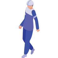Full Body Isometric View of A Person Wearing A Light Blue And Dark Blue Jumpsuit And A White Hard Hat On A Transparent Background