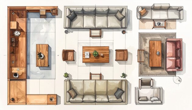 Top-down grid of diverse living room setups — showcasing varied furniture styles, color palettes, and decor elements including sofas, armchairs, coffee tables, rugs, and plants — illustrating spatial 
