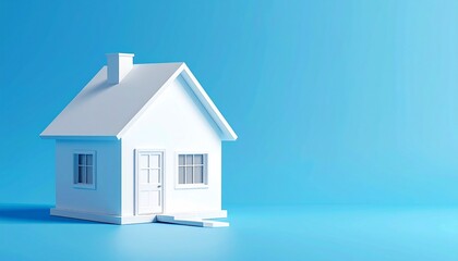 Minimalist 3D model of white house with chimney and windows on light blue background &mdash; symbolizing simplicity, home ownership, architecture, and residential design