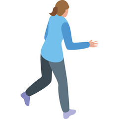 Full Body Isometric View of a Woman in Light Blue Long Sleeved Shirt and Dark Gray Pants Jogging Forward with Arms Outstretched on a White Background