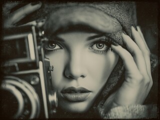 vintage portrait of a woman with a camera