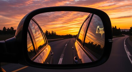 Sunset Reflection in Car Side Mirror on Highway.
