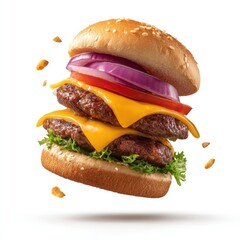 Double cheeseburger in mid-air, topped with fresh produce