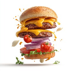 Double cheeseburger ingredients suspended in air