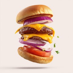 Double cheeseburger ingredients in mid-air