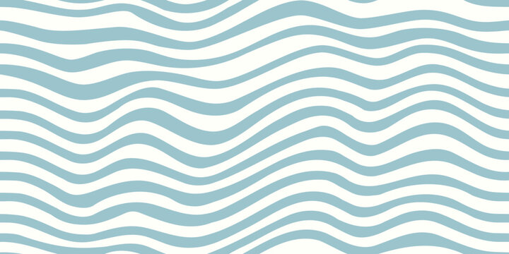 Wave pattern. Blue and white stripes from a seamlessly repeating wavy background. Vector pattern for fabrics, bedding, and decor. Stripes of varying thickness create irregular waves.