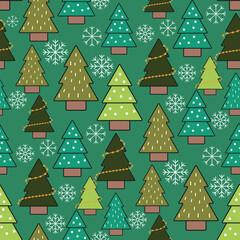 Cute seamless Christmas pattern featuring Santa Claus, Christmas trees, gifts, candy canes, mittens, stars, and decorations in festive colors.
