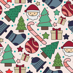 Cute seamless Christmas pattern featuring Santa Claus, Christmas trees, gifts, candy canes, mittens, stars, and decorations in festive colors.