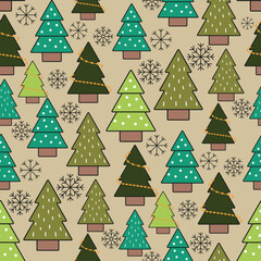 Cute seamless Christmas pattern featuring Santa Claus, Christmas trees, gifts, candy canes, mittens, stars, and decorations in festive colors.