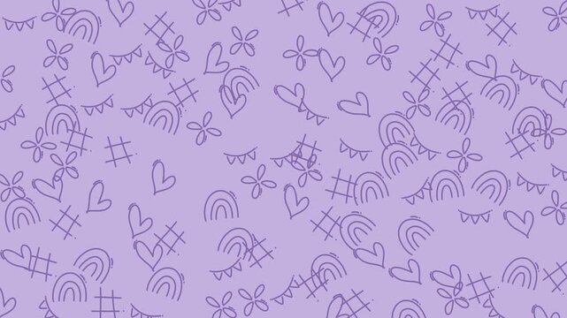 Design with purple hearts, rainbows, flowers, flags, and hashtags on a light purple background. Perfect for social media posts or event promotions.