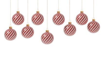 Collection of ten festive red and white striped oval christmas ornaments hanging in a row isolated on transparent background