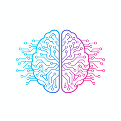 Illustration of a brain split into two halves with circuit patterns representing artificial intelligence and digital technology